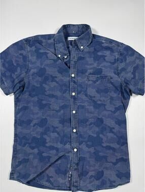Taylor Stitch Shirt Mens Medium Blue Camo Jacquard Button Up Cotton